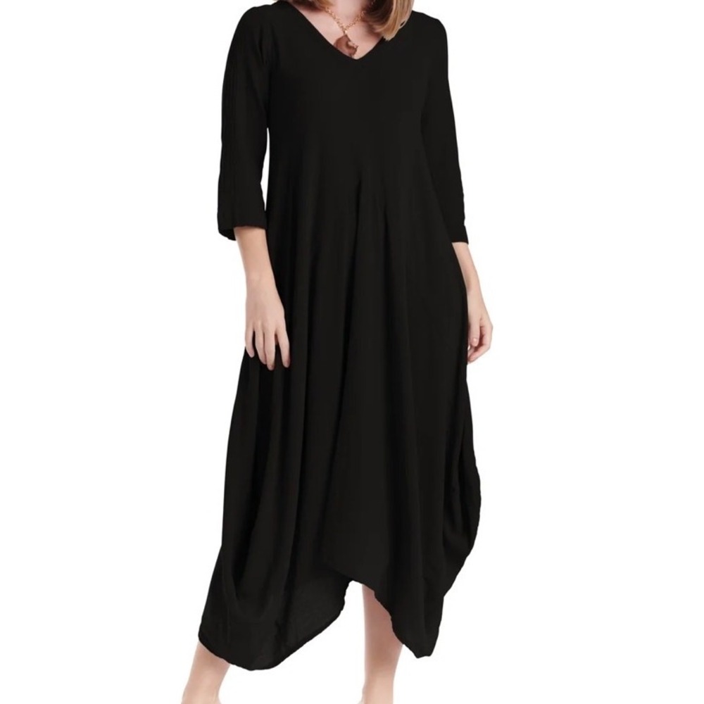 Oh My Gauze Black Cotton Midi Dress V-Neck Lagenlook Tulip Hem 3/4 Sleeve XL